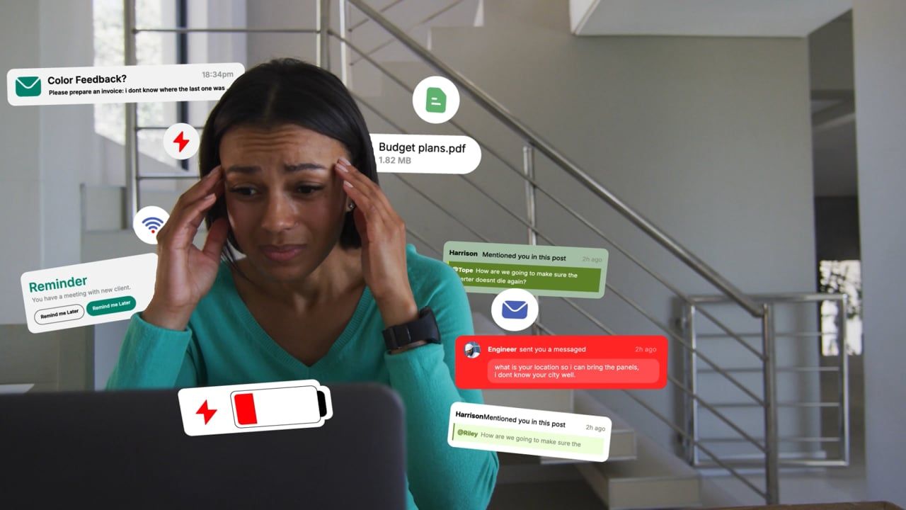 A woman at a laptop overwhelmed by overlapping chat notifications, reminders and file alerts.