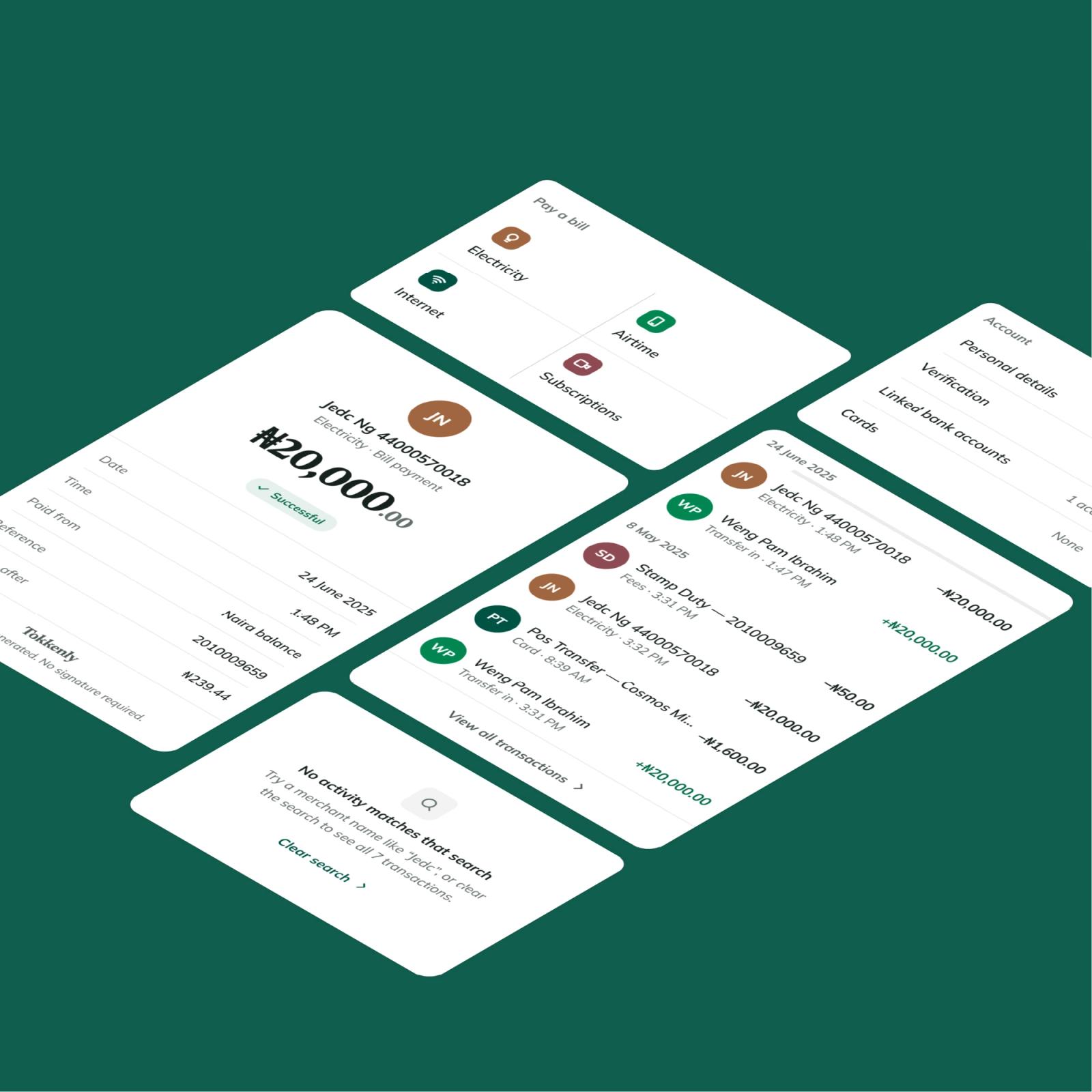 App screens laid out isometrically on deep green — receipt, activity and linked accounts.