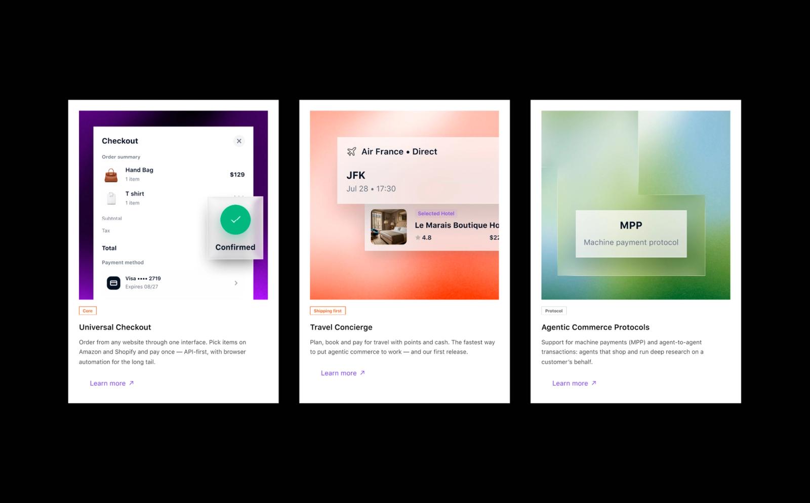 Three feature cards on black — Universal Checkout, Travel Concierge and Agentic Commerce Protocols.