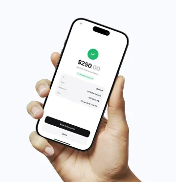 A hand holding a phone showing a completed $250 transfer.