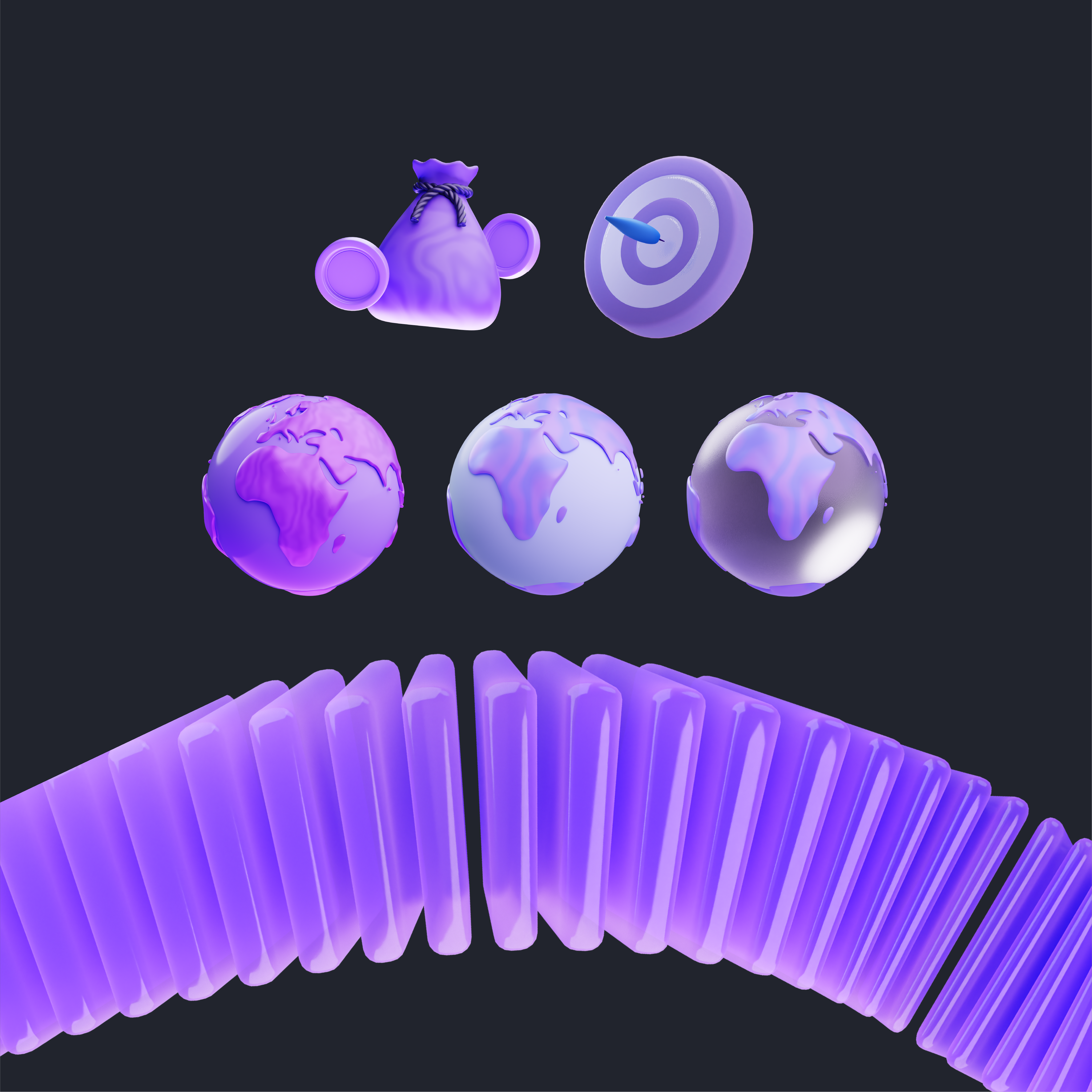 3D asset set on charcoal: money bag, target, three globes and a fanned deck of purple cards.