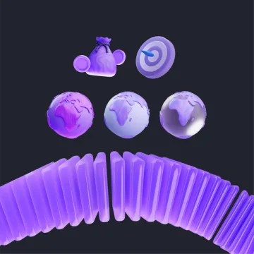 3D asset set on charcoal: money bag, target, three globes and a fanned deck of purple cards.