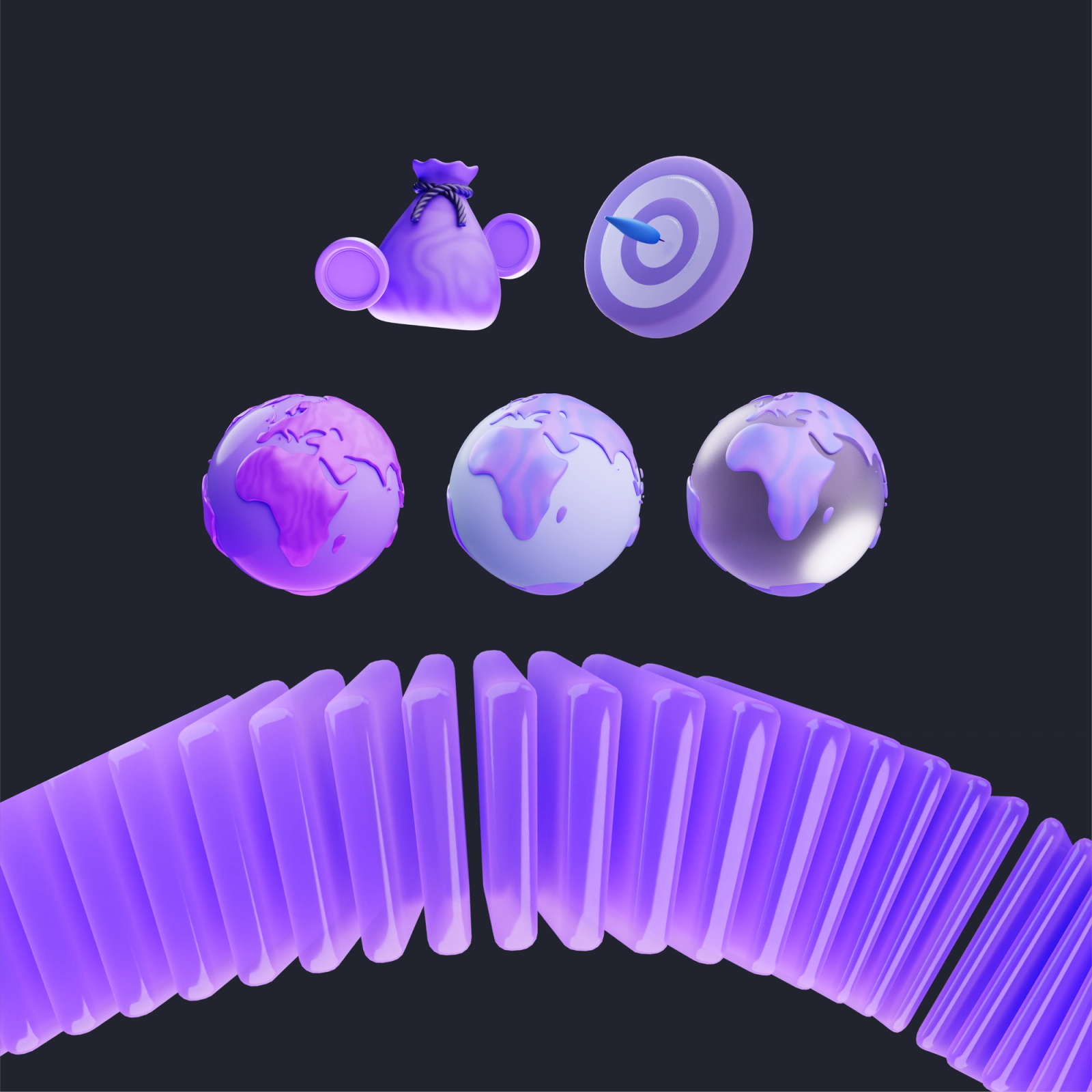 3D asset set on charcoal: money bag, target, three globes and a fanned deck of purple cards.