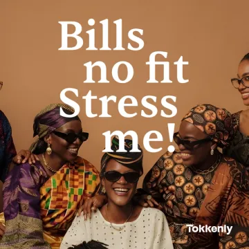 Campaign image reading Bills no fit Stress me! over a group of women in patterned headwraps and sunglasses.