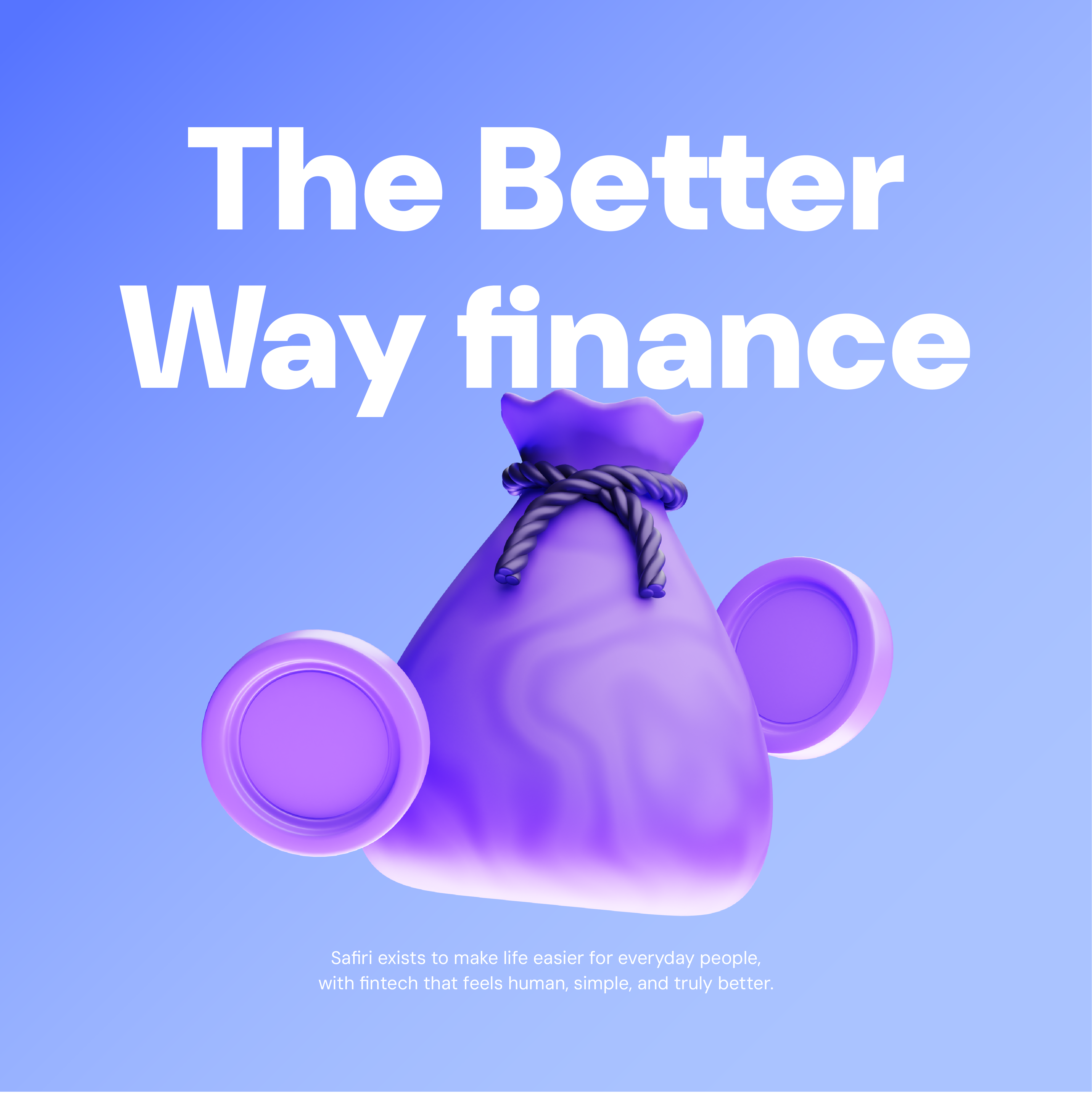 Key visual reading The Better Way finance, with a purple 3D money bag and coins on blue.