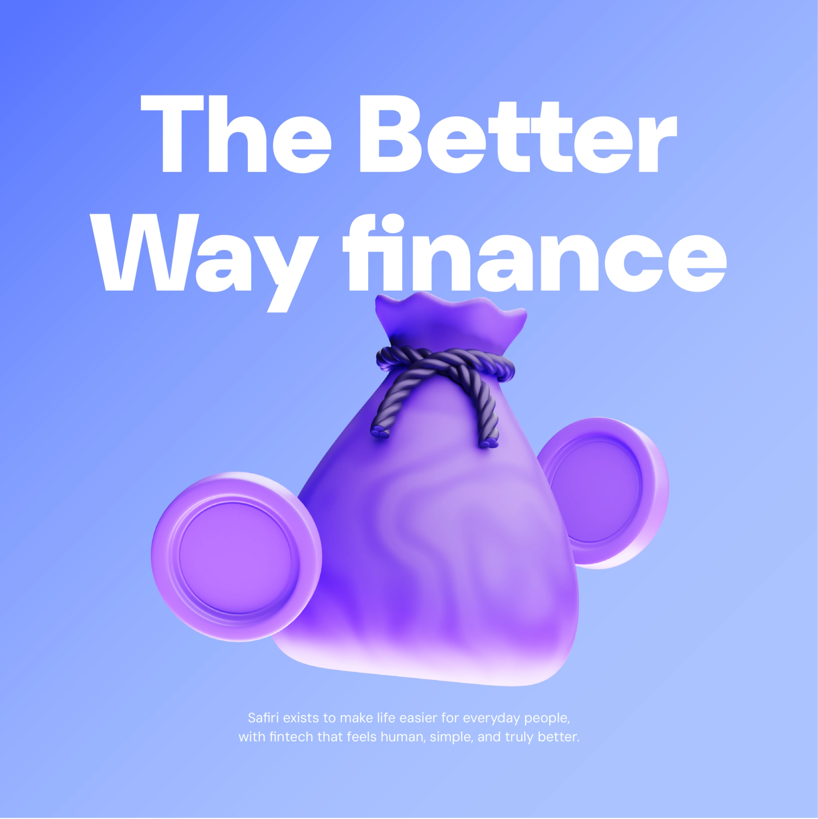Key visual reading The Better Way finance, with a purple 3D money bag and coins on blue.