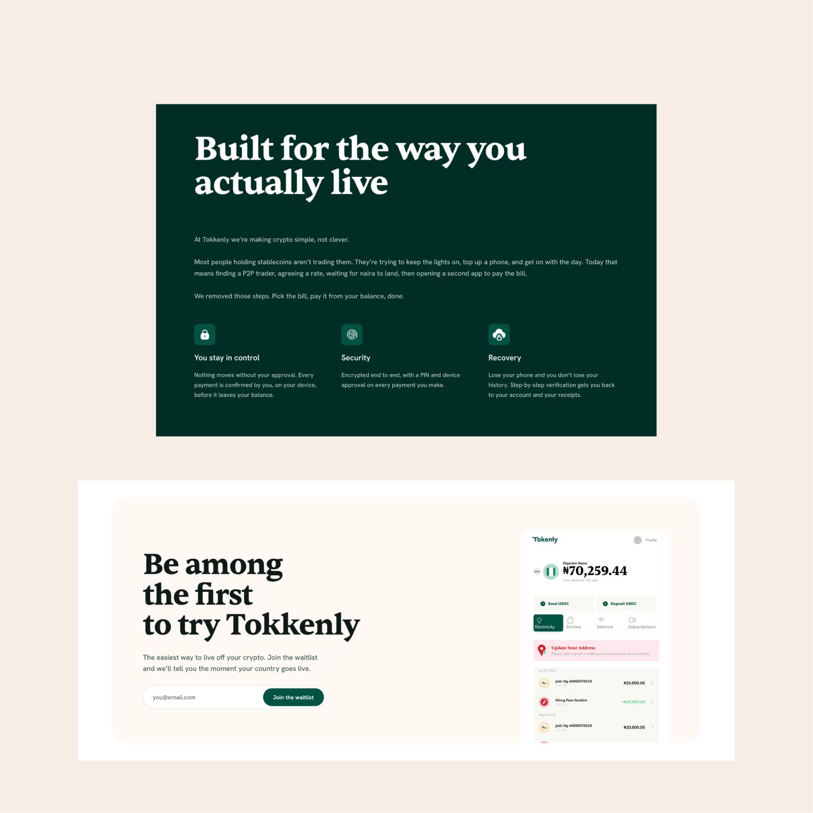 Two sections: Built for the way you actually live, and the Be among the first to try Tokkenly waitlist.