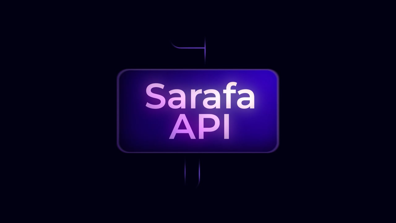 The Sarafa API title card glowing in pink and purple on black.