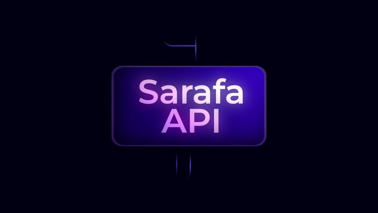 The Sarafa API title card glowing in pink and purple on black.