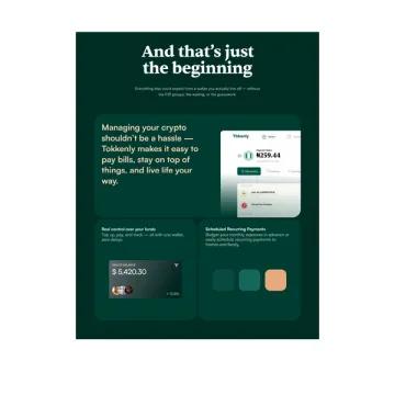 Dark green feature section — And that's just the beginning — with wallet screens and supporting cards.