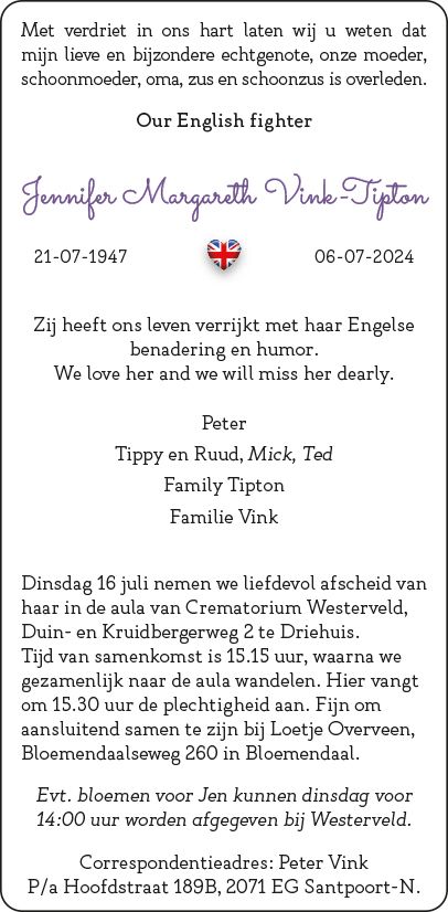 In memoriam: Jennifer Vink