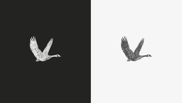 The engraved goose mark shown twice, light on charcoal and dark on pearl