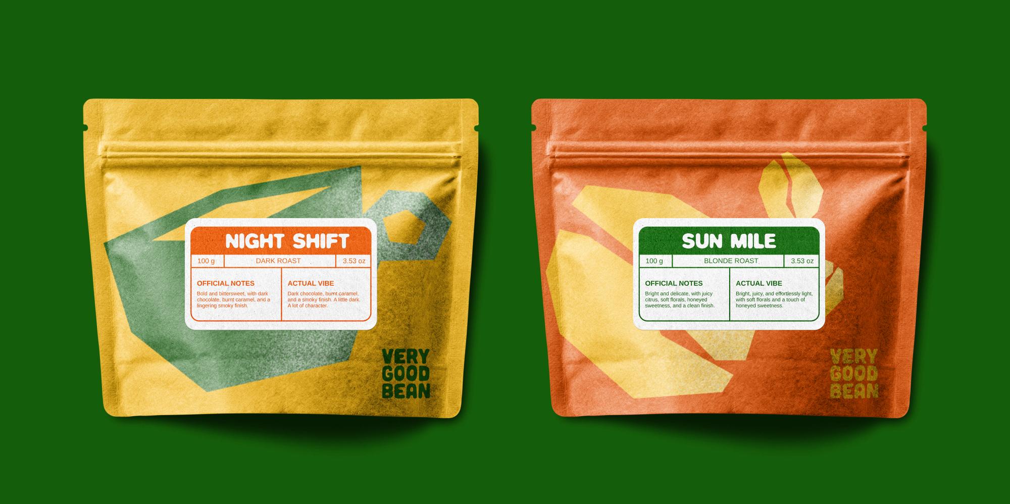 Two bags side by side on green: Night Shift, a dark roast in yellow, and Sun Mile, a blonde roast in orange