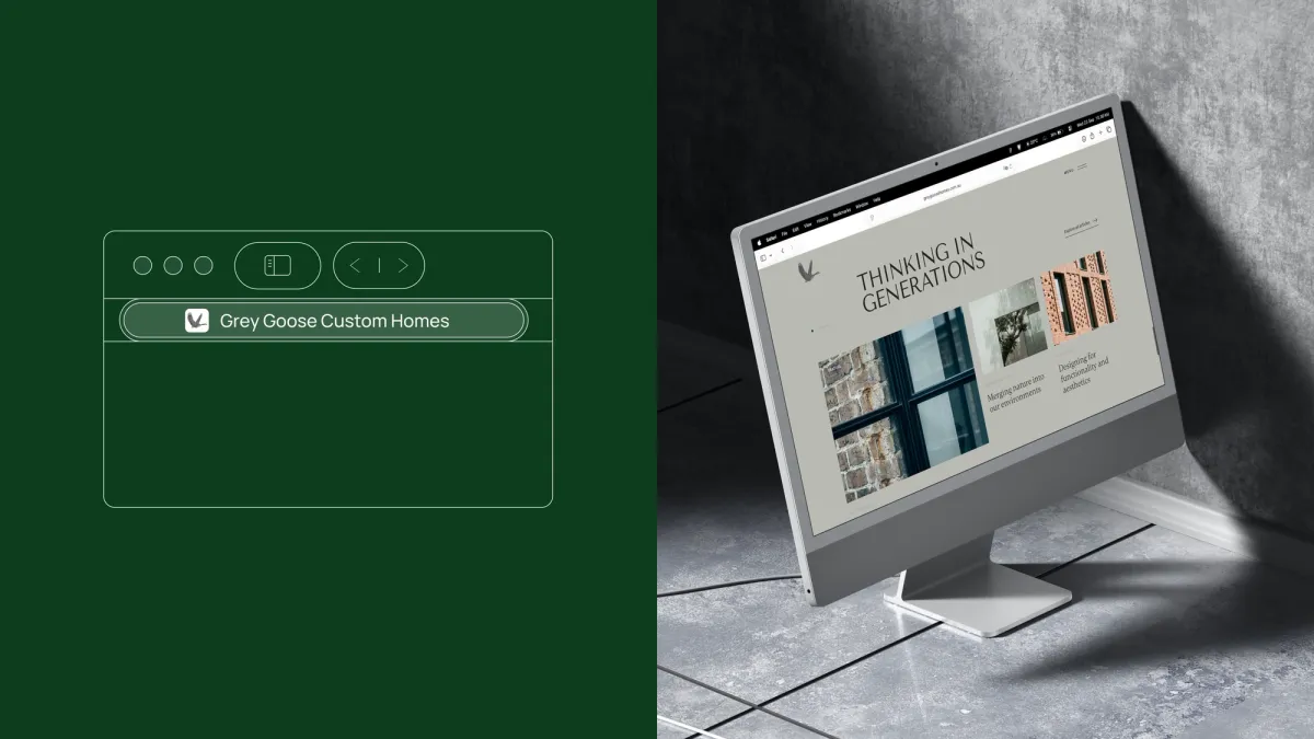 A browser tab carrying the Grey Goose Custom Homes name and goose icon, beside a desktop screen showing the journal page Thinking in Generations
