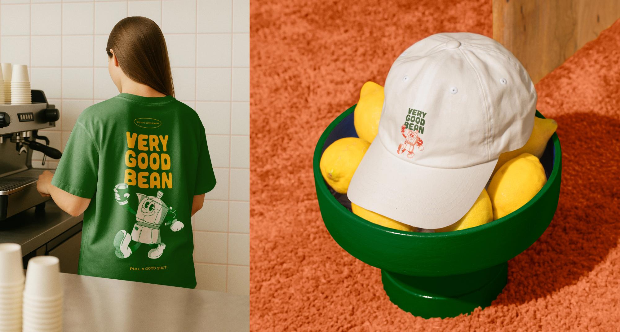 A barista in a green Very Good Bean tee, and a white cap with the small lockup sitting in a green bowl of lemons
