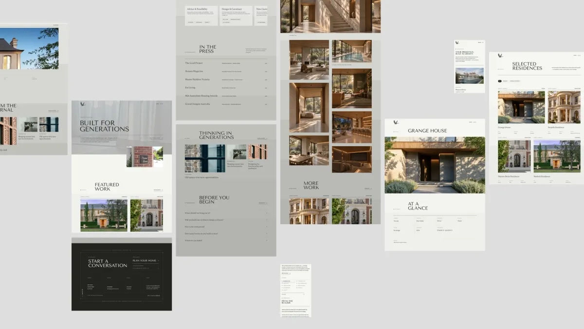 Every page of the Grey Goose site laid out together: the homepage, the journal, project pages, the press list and the enquiry form