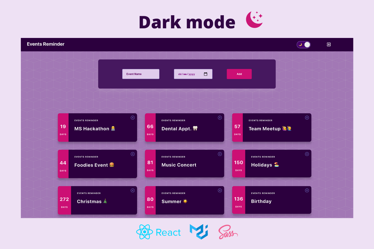 events reminder reactjs dark mode