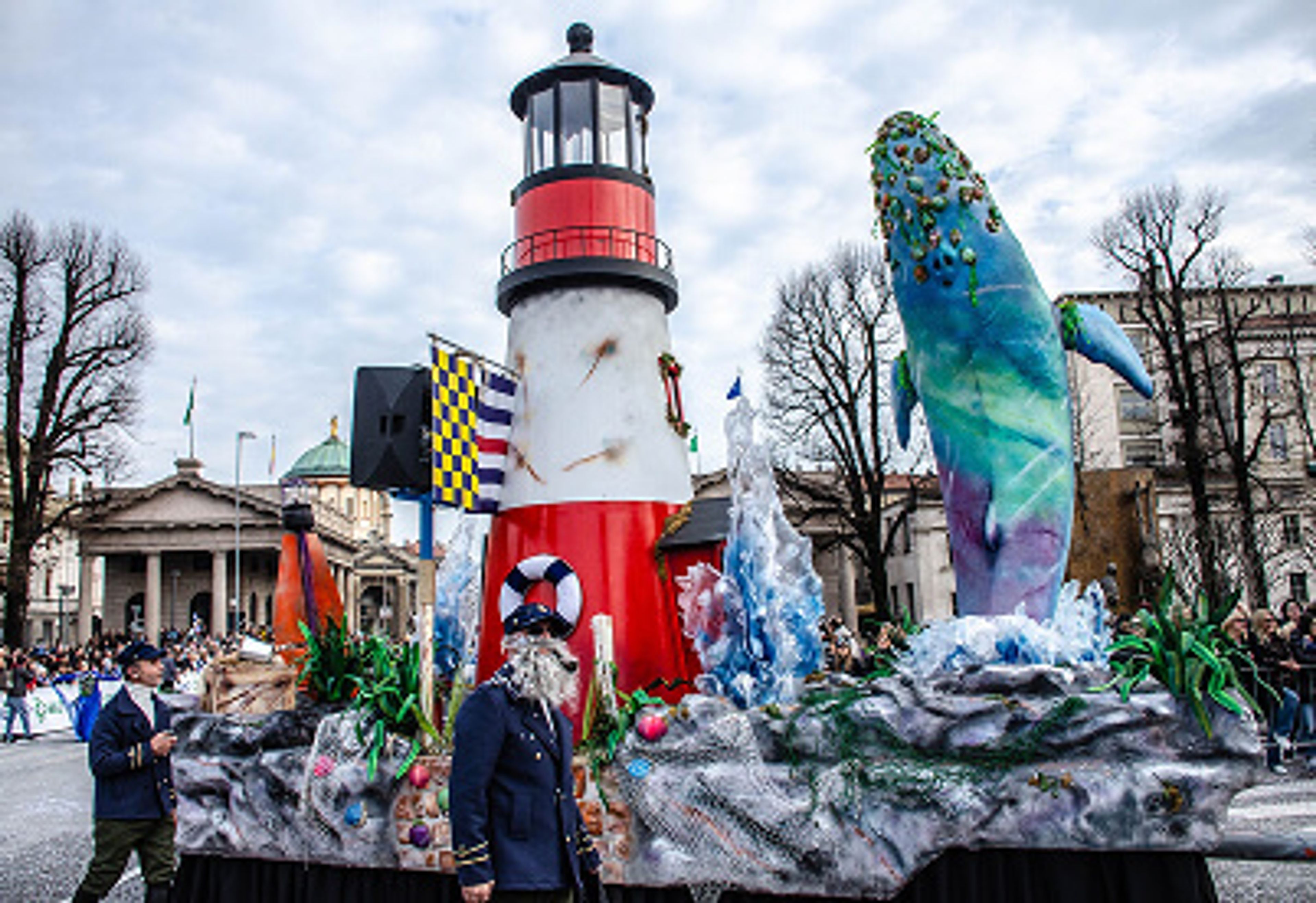 Floats and costumed groups during the Mid-Lent parade in Bergamo, organized by the Ducato di Piazza Pontida.