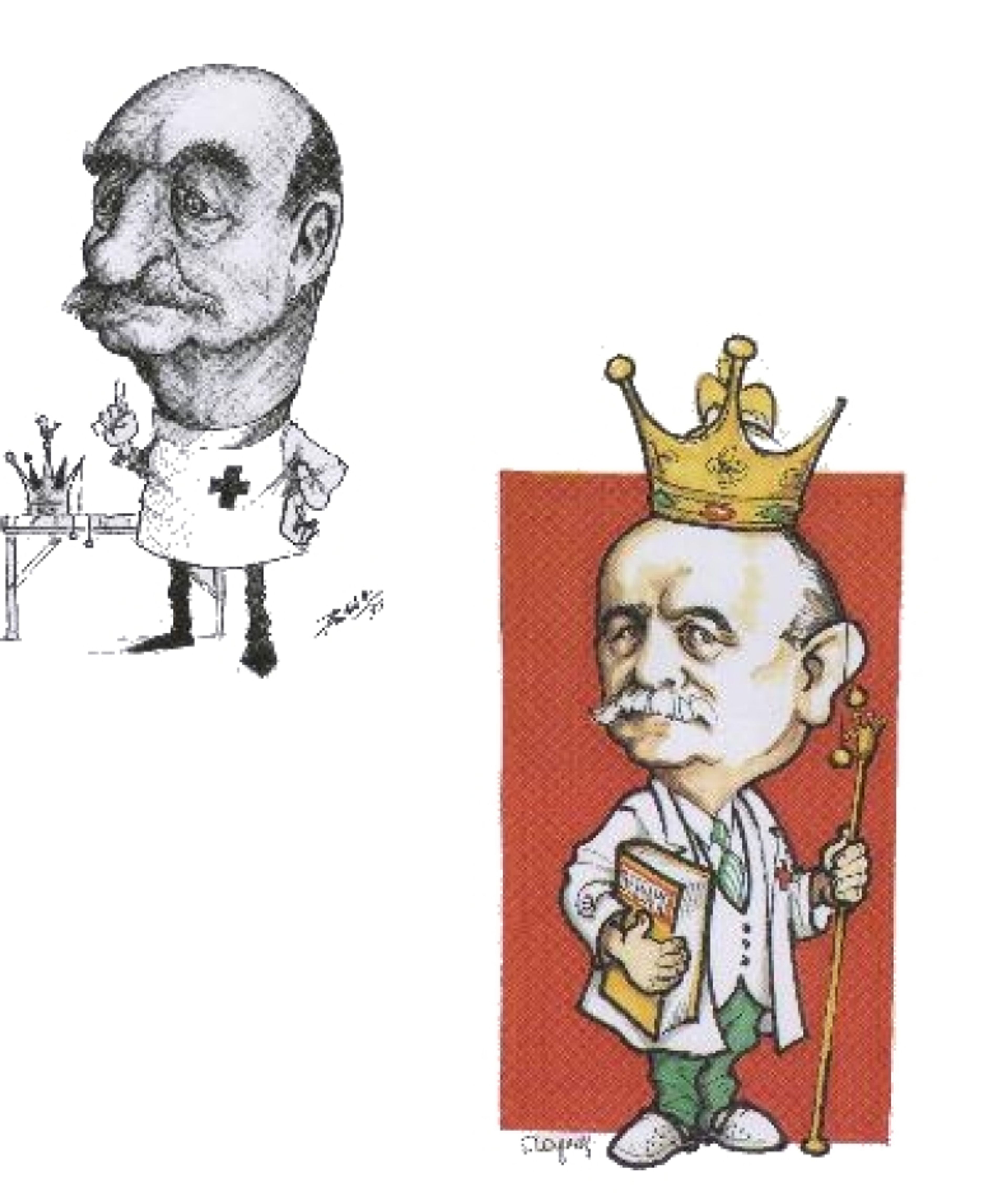 Caricatura di Cino Rampoldi, Esculapio I – 5° Duca di Piazza Pontida, raffigurato come figura carismatica e innovativa, promotore della cultura bergamasca.