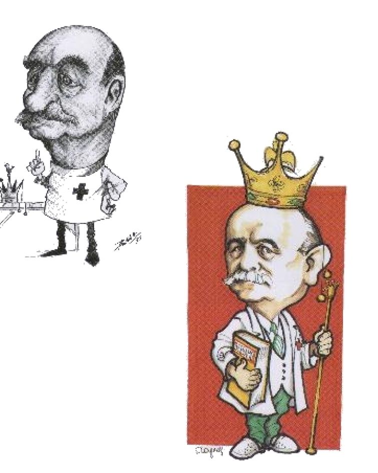 Caricatura di Cino Rampoldi, Esculapio I – 5° Duca di Piazza Pontida, raffigurato come figura carismatica e innovativa, promotore della cultura bergamasca.