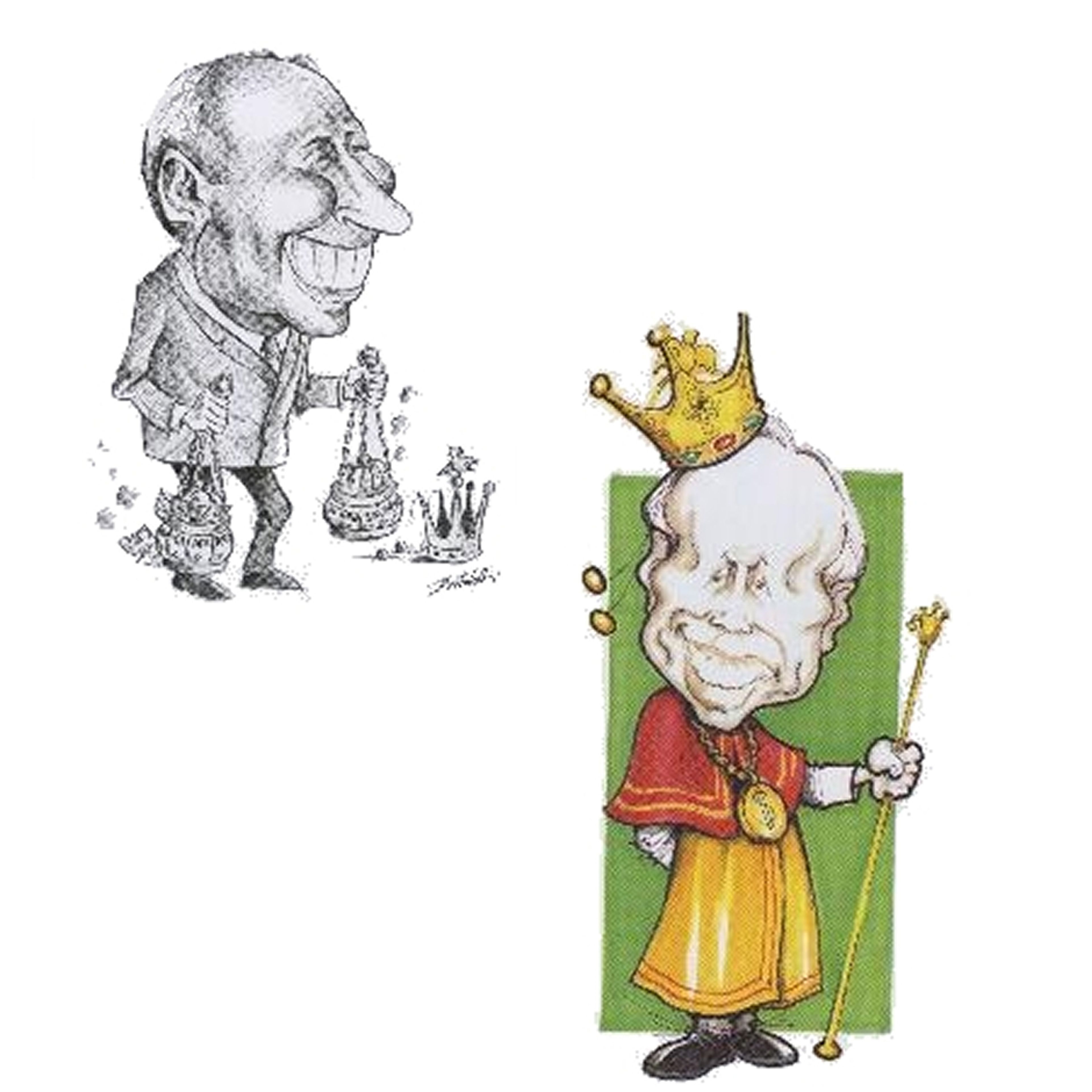 Caricatura del Duca Andrea Gibellini di Piazza Pontida, raffigurato come figura lungimirante e attiva nel promuovere il GIOPÌ, la Rassegna teatrale dialettale e il Festival Internazionale del Folklore.