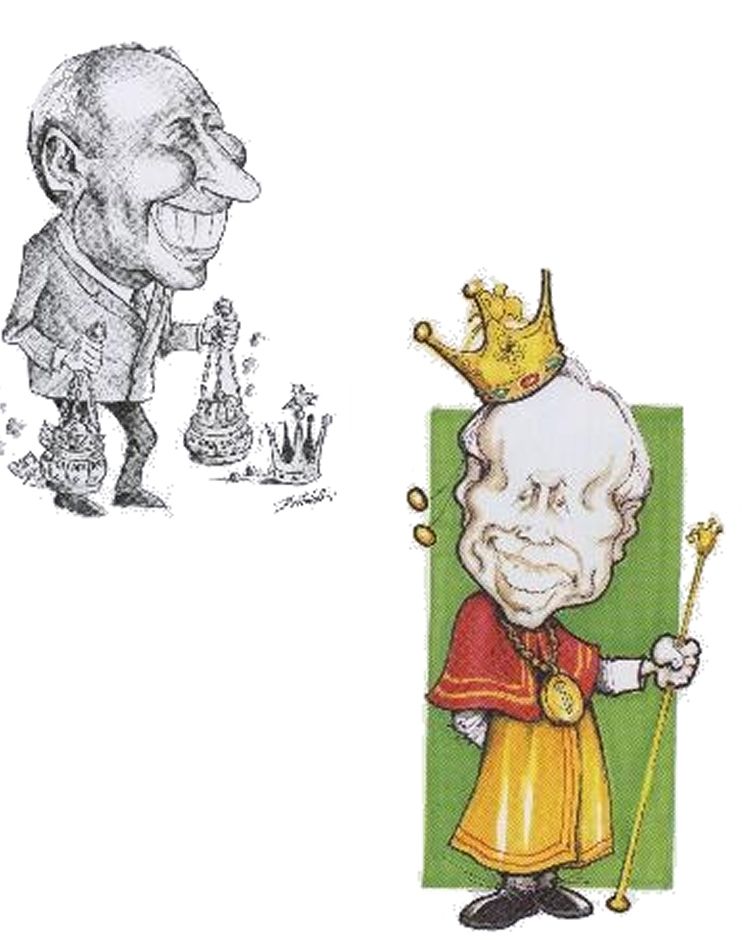 Caricatura del Duca Andrea Gibellini di Piazza Pontida, raffigurato come figura lungimirante e attiva nel promuovere il GIOPÌ, la Rassegna teatrale dialettale e il Festival Internazionale del Folklore.