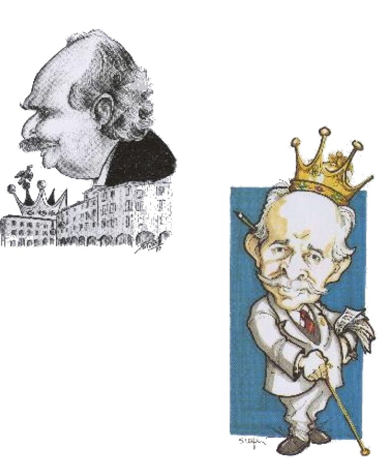 Caricature illustration of Francesco Barbieri, 9th Duke of Piazza Pontida, BRASCA Ü, highlighting his distinctive appearance and his role as a journalist and conciliatory Duke.
