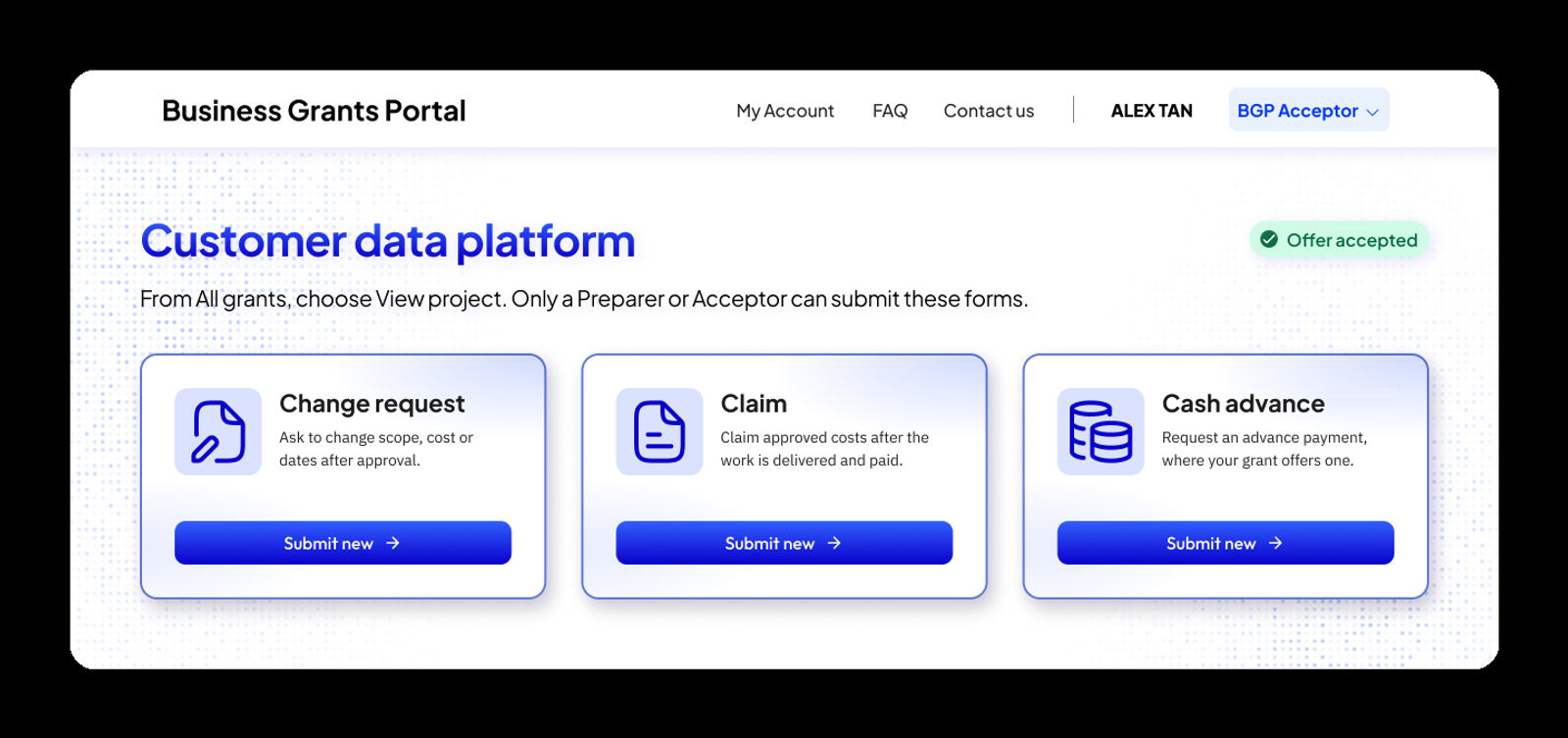 Illustration of the project page after an offer is accepted, with three forms to submit: Change request, Claim and Cash advance.