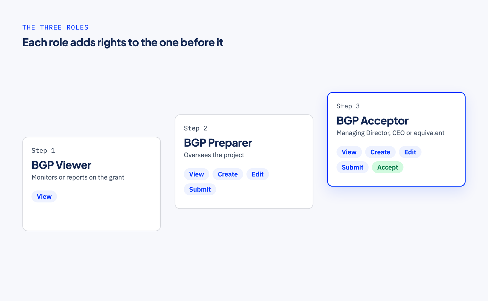 Three columns rising like steps. BGP Viewer can View, for staff who monitor or report on the grant. BGP Preparer can View, Create, Edit and Submit, for the person overseeing the project. BGP Acceptor can do all of that and Accept, for the Managing Director, CEO or equivalent.