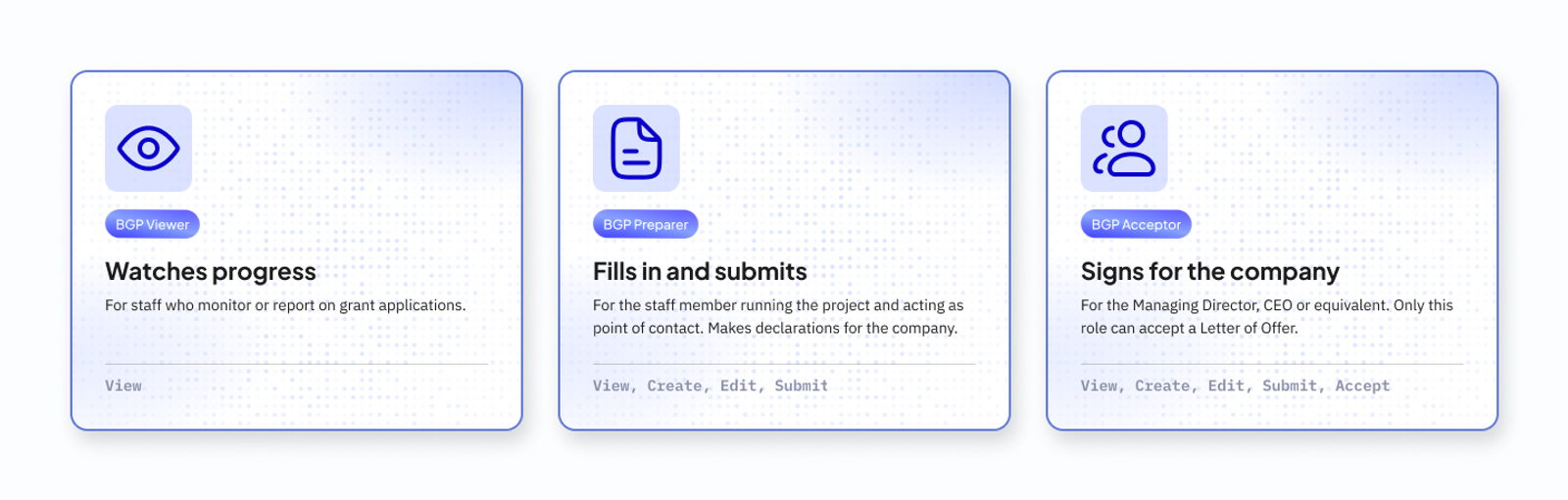 Three role cards: BGP Viewer watches progress and can View; BGP Preparer fills in and submits and can View, Create, Edit and Submit; BGP Acceptor signs for the company and can also Accept.