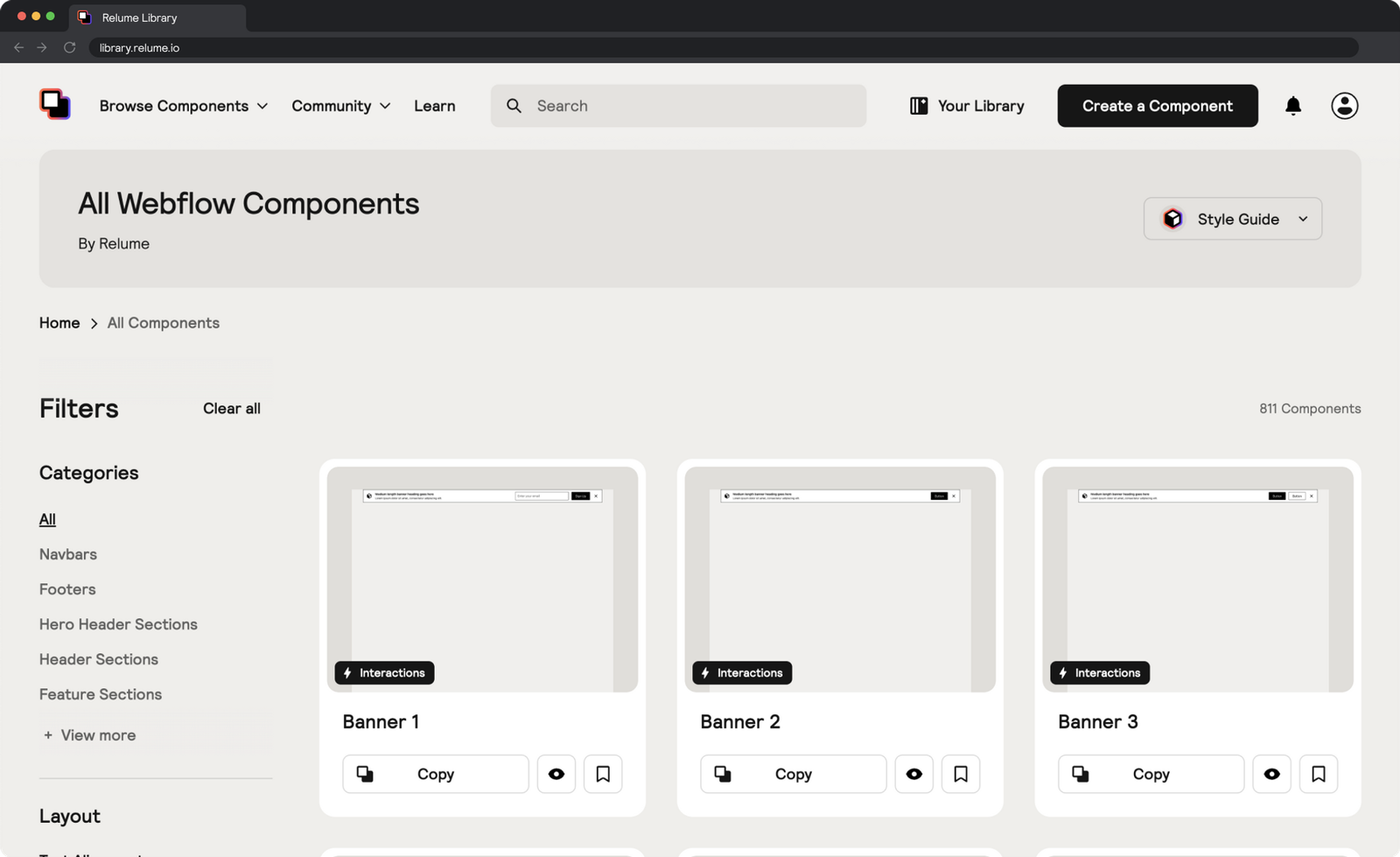 Relume Library: this is a collection of over 800 components that can be easily copied and pasted into a Webflow project. Users can also create and share their own components for personal or client use within the Webflow and Figma community.