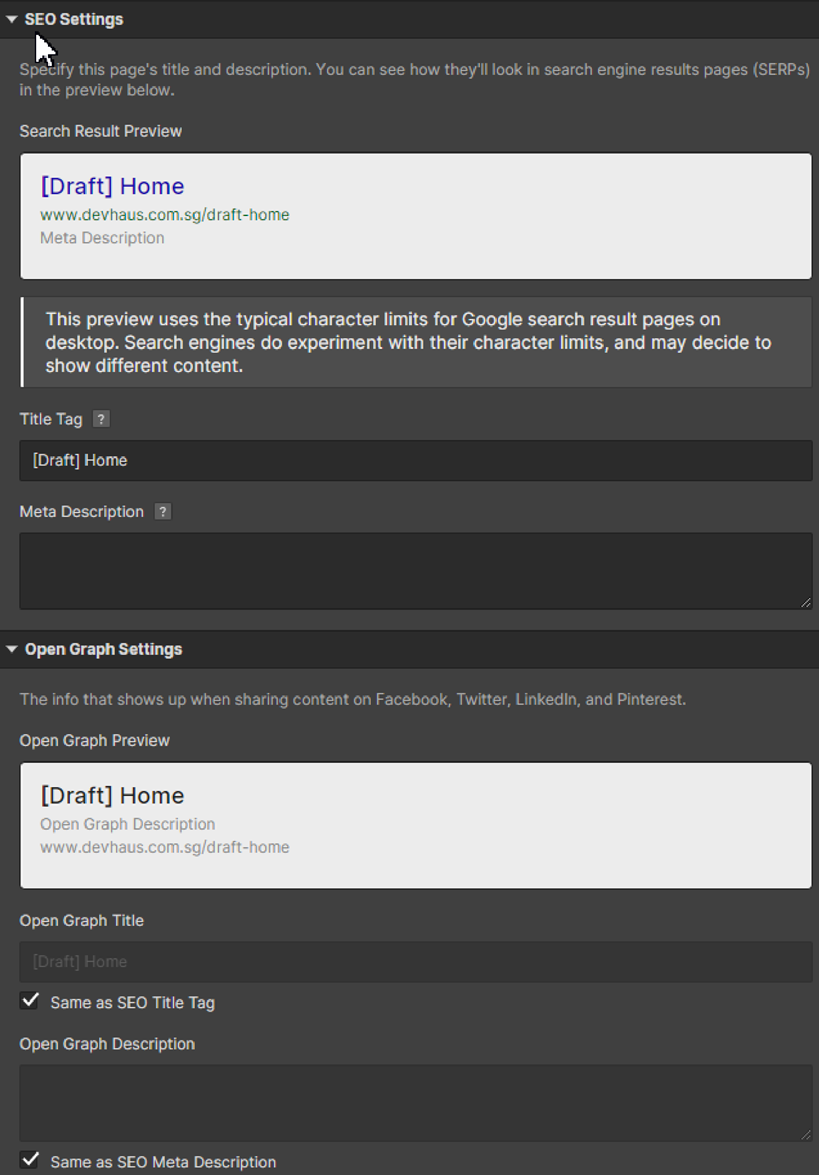 Optimize your SEO in the page setting