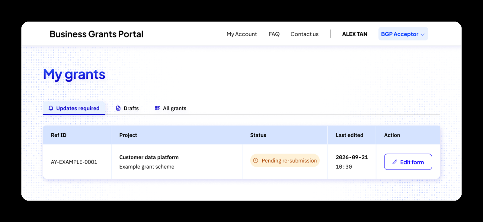Illustration of the My grants page on the Business Grants Portal, with tabs for Updates required, Drafts and All grants, one sample application pending re-submission, and the role label at the top right.