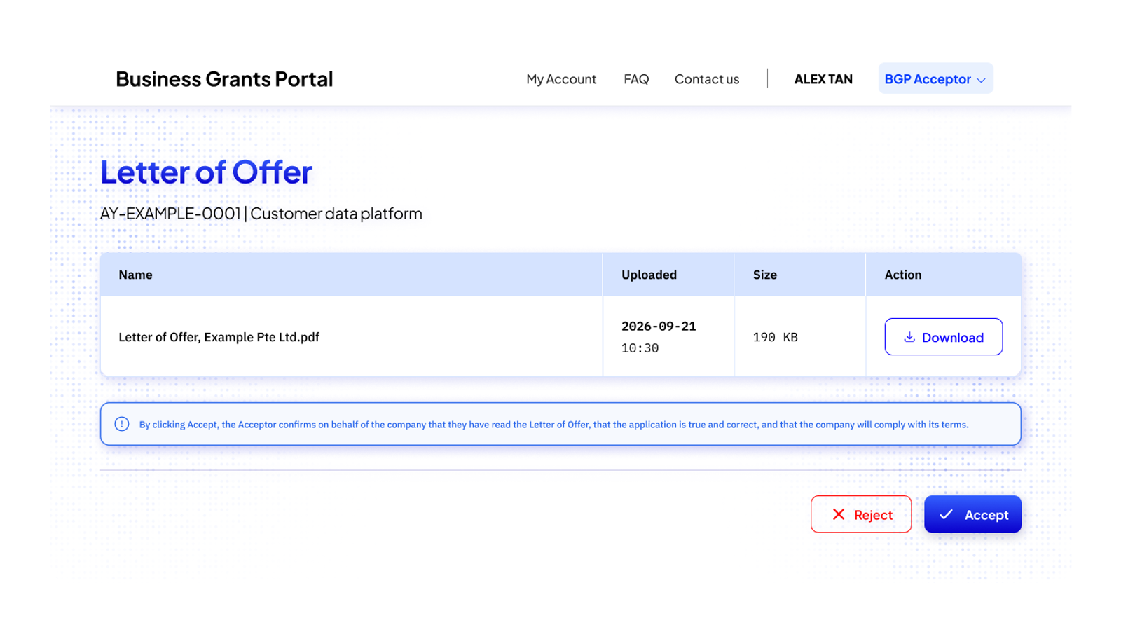 Illustration of the Letter of Offer page with a downloadable letter, a confirmation note, and Reject and Accept buttons.