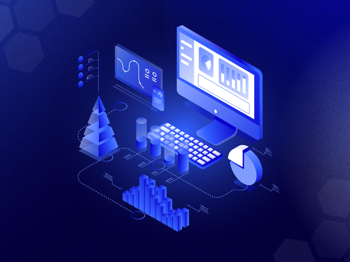 An isometric illustration of an analytics dashboard, with charts on a desktop screen and a keyboard beside it
