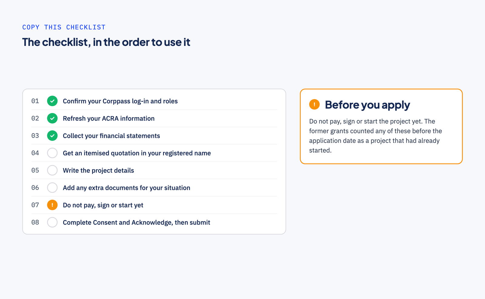 An eight-step checklist: confirm Corppass log-in and roles; refresh ACRA information; collect financial statements; get an itemised quotation in your registered name; write the project details; add any extra documents; do not pay, sign or start yet; complete Consent and Acknowledge, then submit. A side note says not to pay, sign or start before applying.