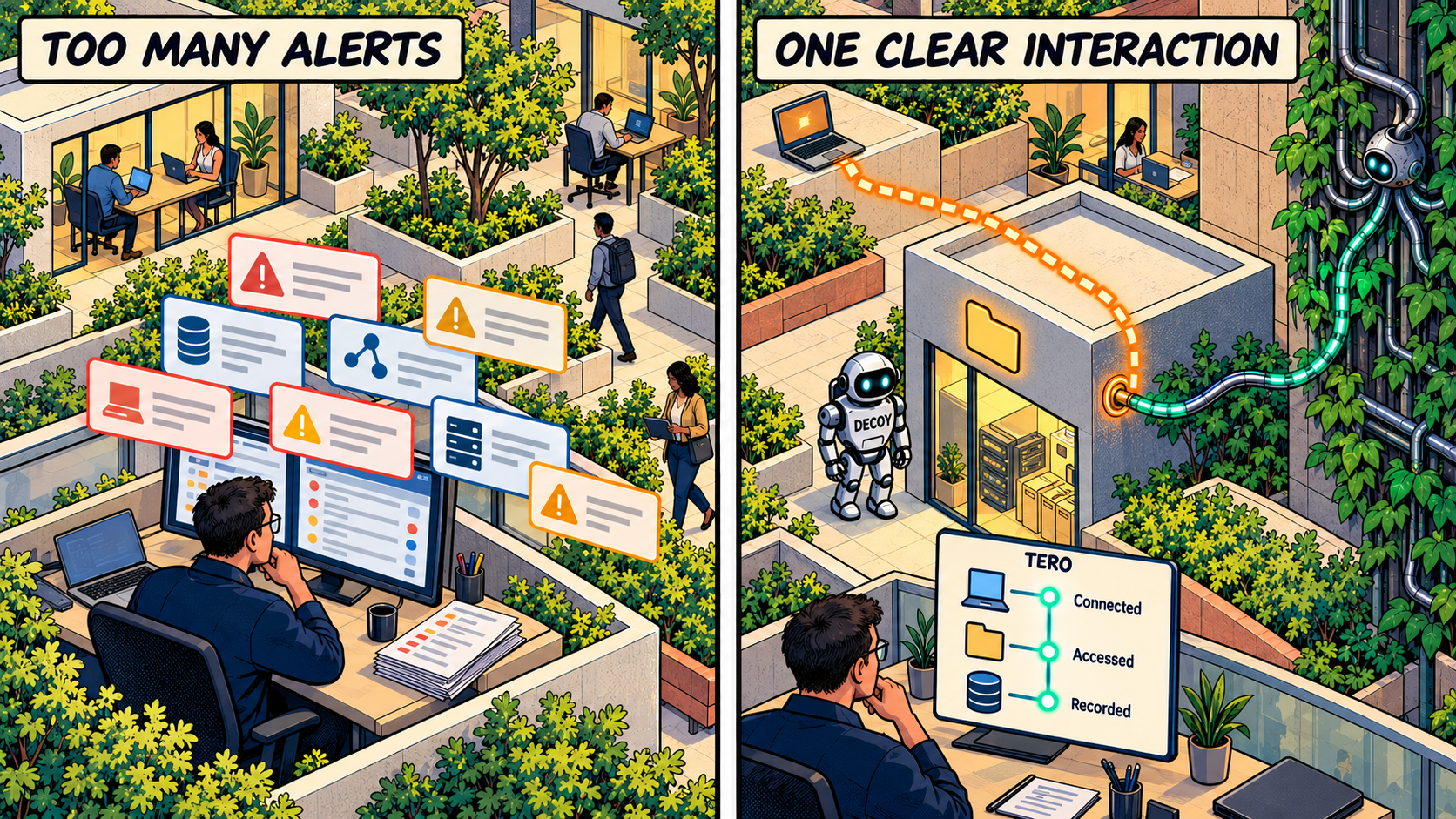 Tero security platform illustration showing suspicious activity being transformed into clear, actionable security signals.