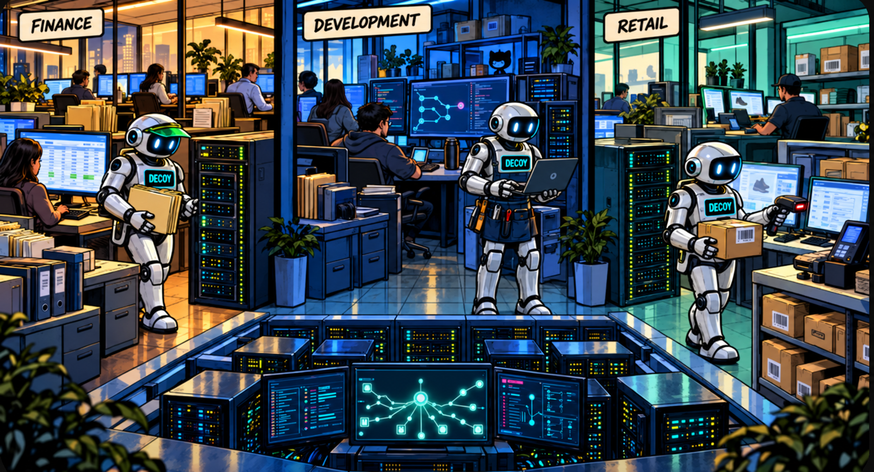 Tero research illustration representing realistic decoy infrastructure designed to blend into an enterprise environment.