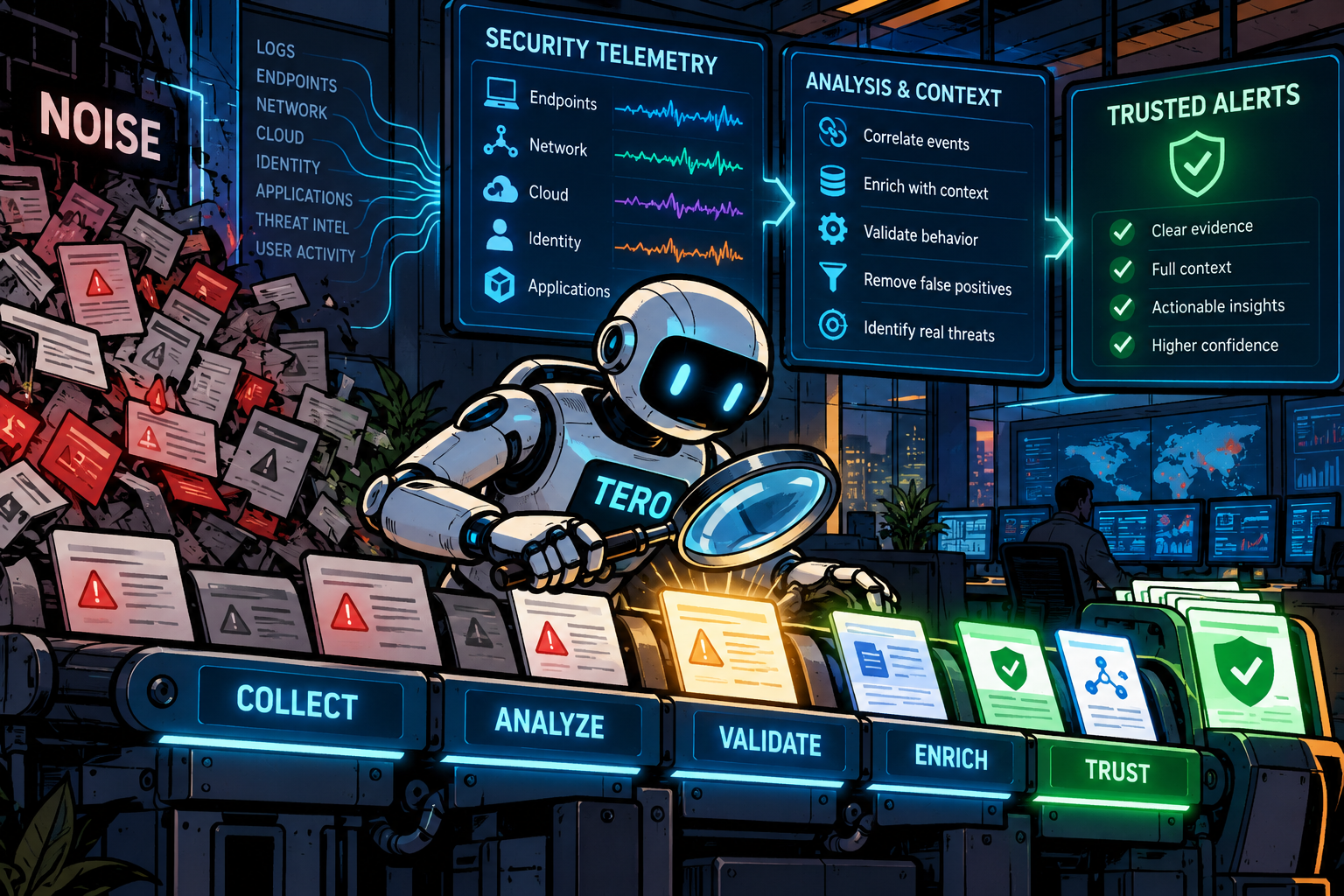 Tero illustration representing trusted security telemetry and high-confidence threat signals.