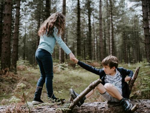 CC- A little girl helps a little boy get back on his feet after falling in a forest.