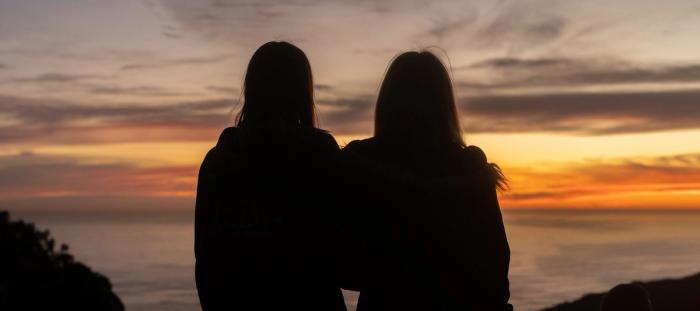 sillhouette of man and woman standing on seashore during sunset