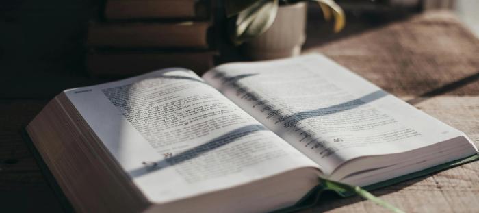 An open bible on a sunlit table