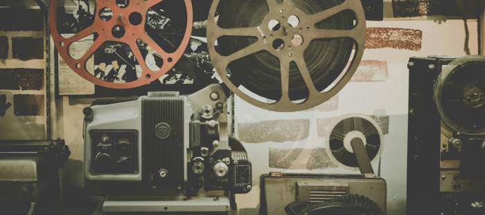 An old film projector in a room