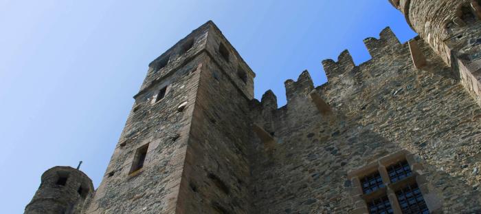 The high wall of a castle with turrets.