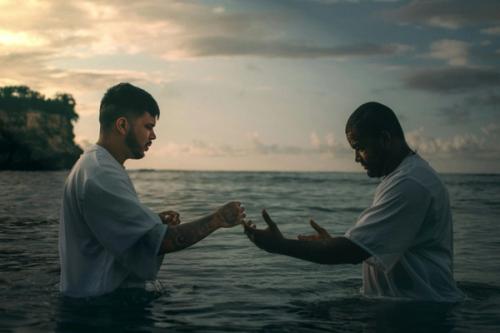 CC- Two men in t-shirts stand waist-deep in a body of water at sunset with their hands reaching out to each other.