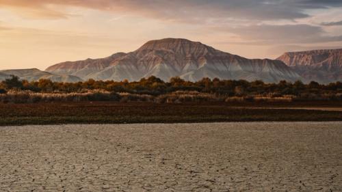 An arid landscape with cracked earth and brown bushes and mountains.