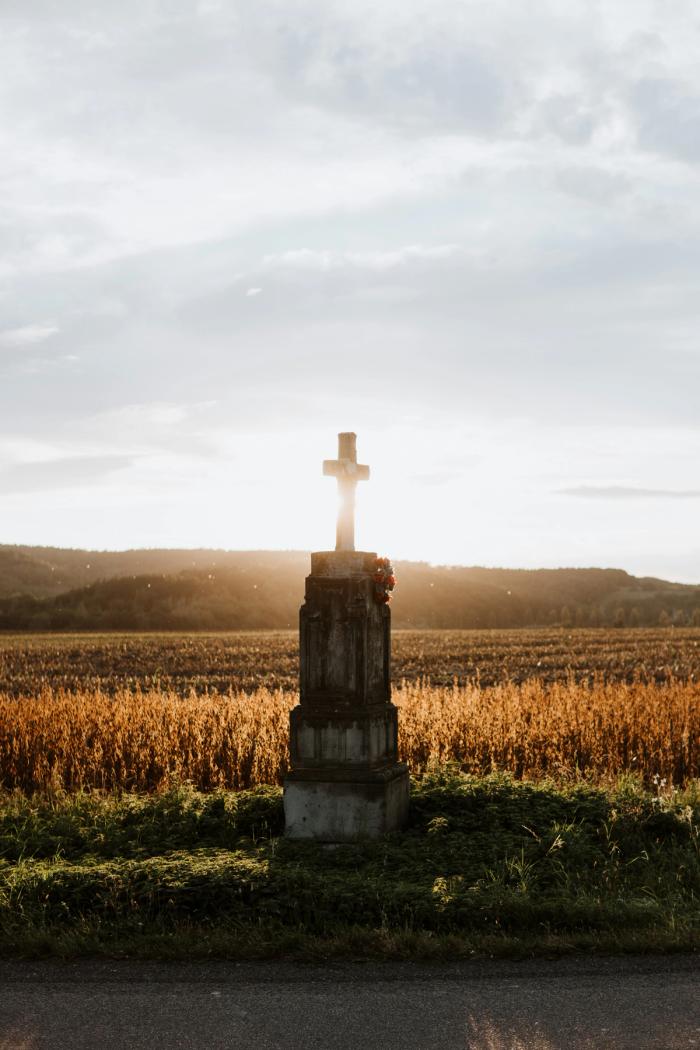 CC - A lone tombstone stands in field, with its cross blocking the sun near the horizon.