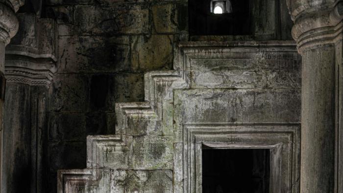 The stone interior of an ancient monastery.