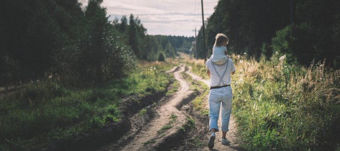 small child on adult's shoulders walking through meadow