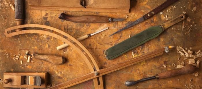 Hand tools Wood on an old wooden workbench